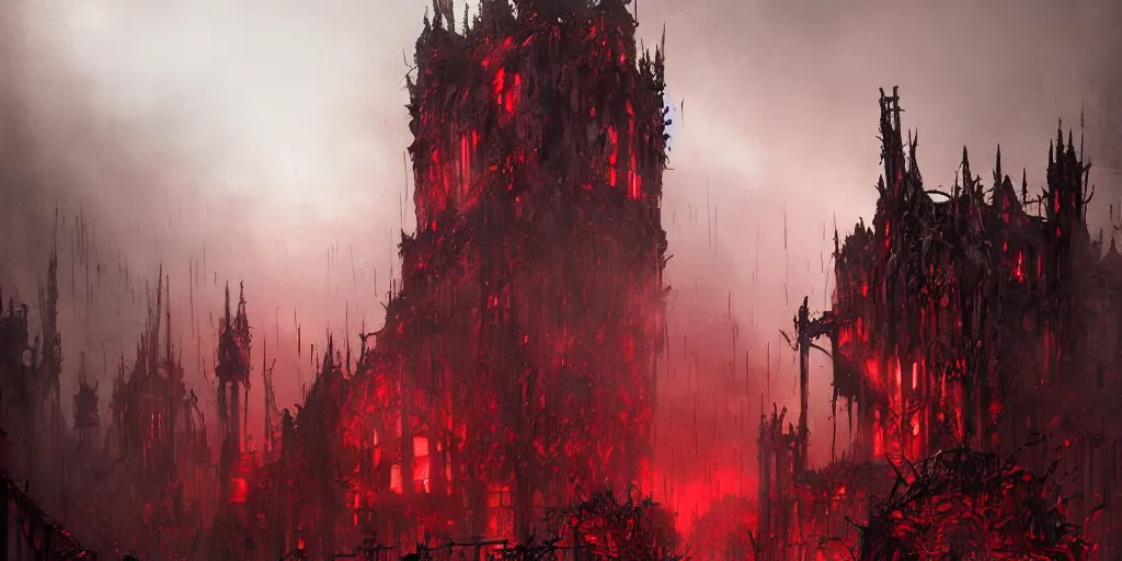 Prompt: grimdark chaos fortress, ruined, terrifying architecture, looming, dark, fog, atmospheric red lighting, flying chaos creatures, dark souls, hyperrealistic, art by sparth