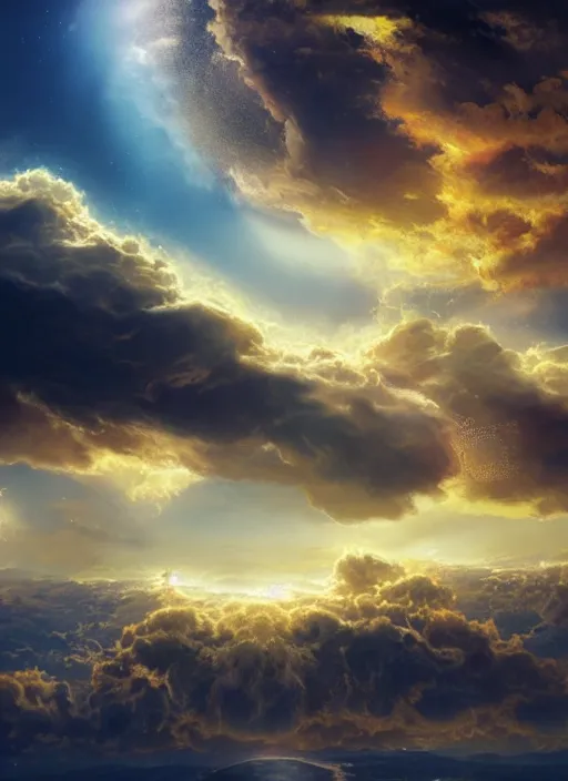 Image similar to large alien spaceship souring through clouds, detailed, high quality, ultra detail, top light, resources background, gold, sunny, puffy clouds, cinematic, concept art