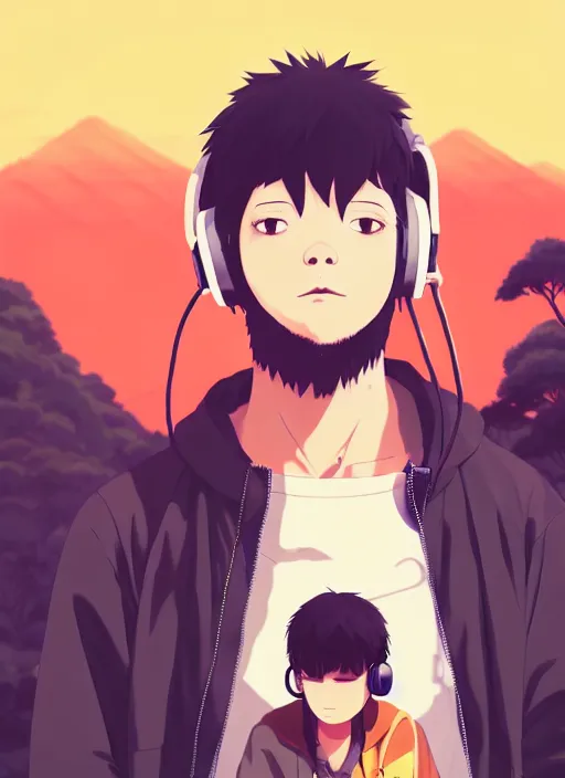 Image similar to portrait of gorilla, sunny sky background, lush landscape, illustration concept art anime key visual trending pixiv fanbox by wlop and greg rutkowski and makoto shinkai and studio ghibli and kyoto animation, symmetrical facial features, black t shit, red headphones, ripped jeans, backlit, aerodynamic frame, gta 5