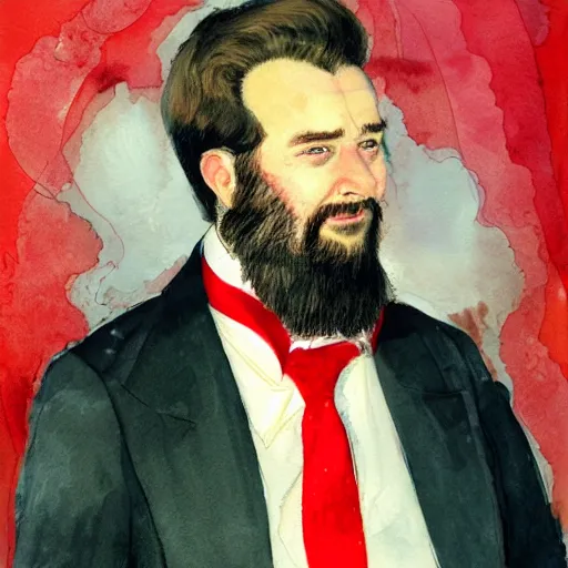 Image similar to Portrait of a handsome man with thick mutton chops. shaved chin, wearing a suit. colorful necktie, pale white face, long messy hair, long hair, ((red)) baggy eyes, tired eyes, tired face, disco smile, watercolor, brushstrokes, high detail, artstation, medium detail, by Ilya Repin and Dave McKean and Greg Rutkowski