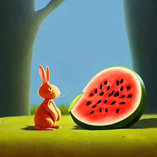 Prompt: Goro Fujita illustrating a rabbit eating a giant watermelon, art by Goro Fujita, sharp focus, highly detailed, ArtStation