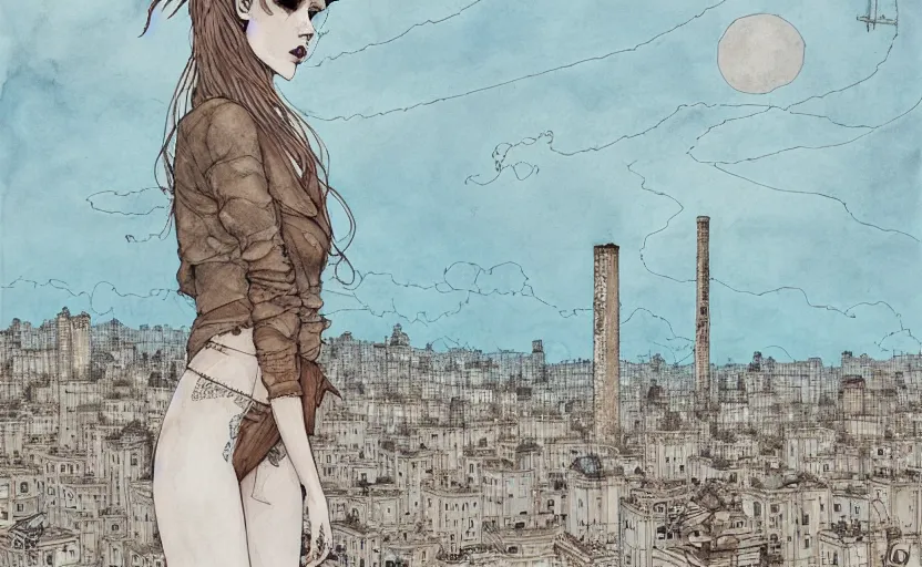 Image similar to lost city by kaethe butcher, dynamic lighting, gradient light blue, brown, blonde cream and white color scheme, grunge aesthetic