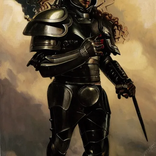 Image similar to oil painting of a pale menacing Apollo with long curly blond hair and piercing glowing eyes, powerful sci fi centurion in tall jagged black plate armor, cinematic chiaroscuro creeping darkness, by J.C leyendecker and norman rockwell