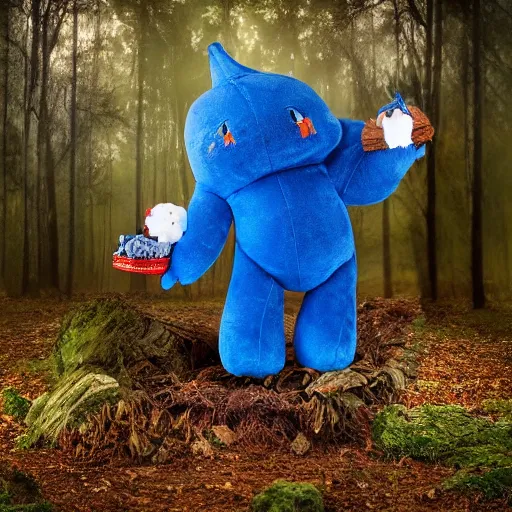 Image similar to demonic blue'snappy gifts'human - sized plush doll, in magical forest, holding gift, dark atmosphere, high detail, soft lighting, 8 k