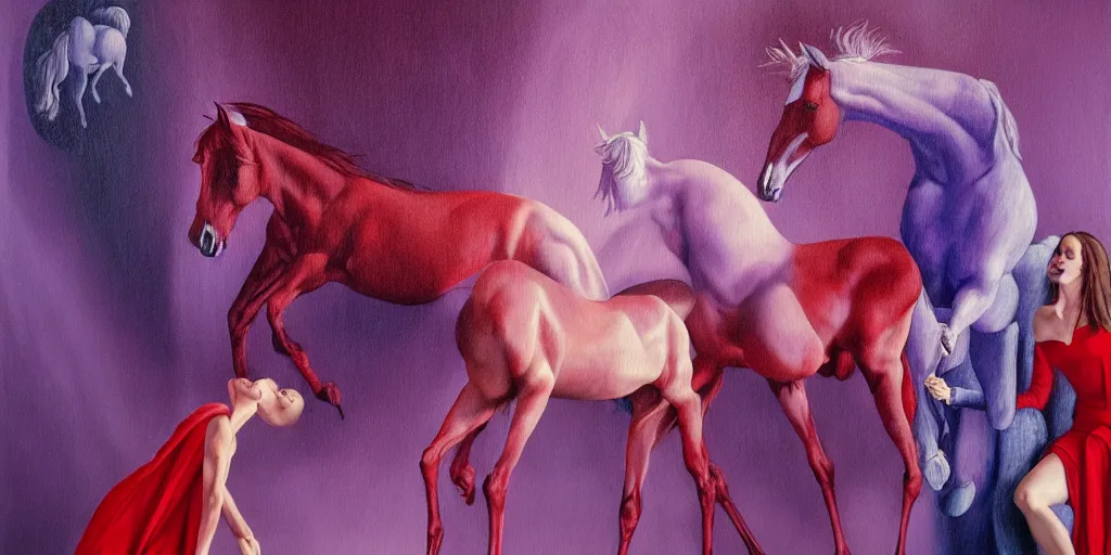 Image similar to only with purple, ney motogrosso in love with a red stallion, too many hands in all directions, in hoc signo vinces, waterfall, in the style of leonora carrington, gottfried helnwein, intricate composition, blue light by caravaggio, insanely quality, highly detailed, masterpiece, red light, artstation