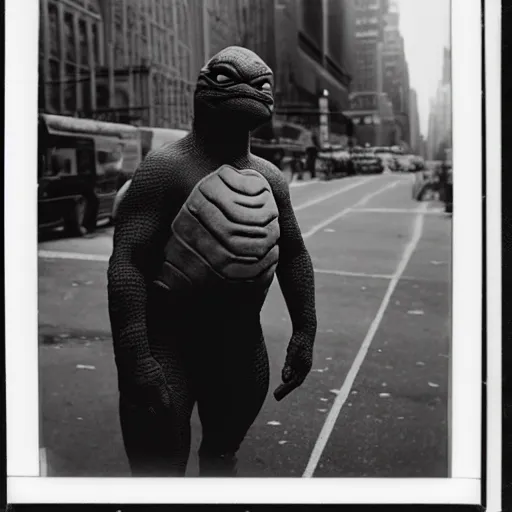 Prompt: Beautiful Portrait Photograph polaroid of a ninja turtle in the middle of a New York street, black and white