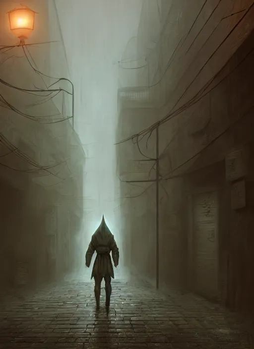 Prompt: pyramid head from silent hill in a foggy alleyway, silent hill, cinematic lighting, smooth, focus, cinematic, concept art, highly detailed, artstation, trending, feng zhu, shaddy safadi, noah bradley, tyler edlin, jordan grimmer, darek zabrocki, neil blevins, tuomas korpi