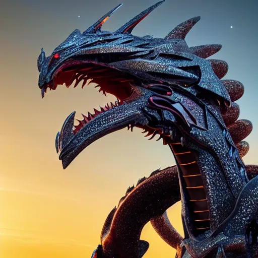 Image similar to bust of a beautiful majestic anthropomorphic humanoid robot female dragon, with smooth and streamlined armor, standing and posing elegantly, well detailed dragon head with epic LED eyes and a warm maw, sharp and dangerous sleek design, two arms, two legs, long tail, beautiful digital art, artstation, DeviantArt, FurAffinity, professional, octane render, sunset lighting