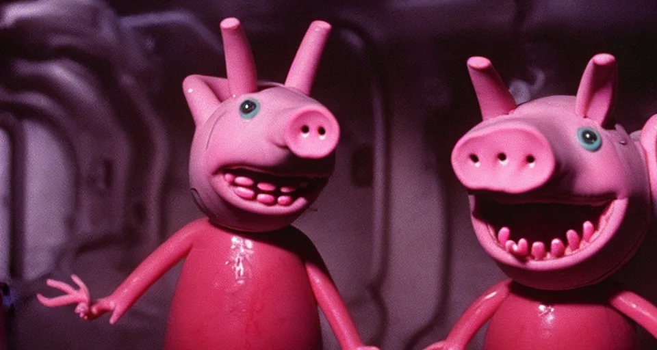 Image similar to peppa the pig infected by xenomorph from movie alien 1 9 7 9, staying at nostromo spaceship. extreme long shot, 4 k, cinestill, giger, hermann nitsch, dark colors