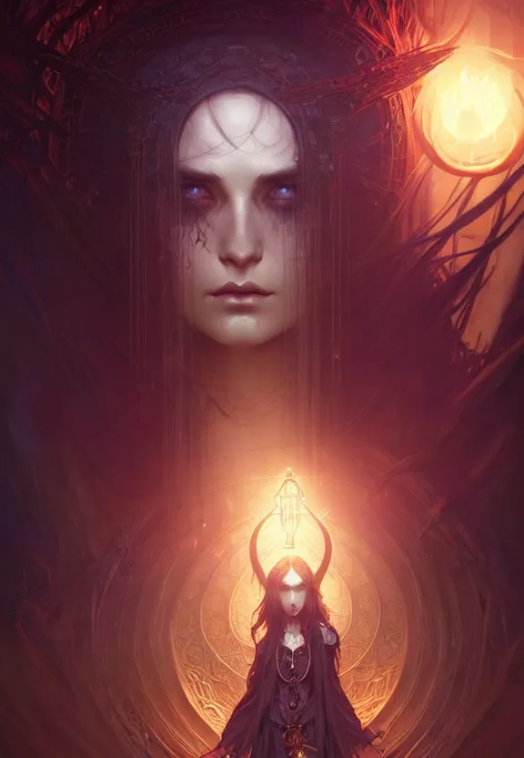 Image similar to Necromancer Sorceress in center, fantasy magic, undercut hairstyle, dark light night, intricate, elegant, sharp focus, illustration, highly detailed, digital painting, concept art, matte, art by WLOP and Artgerm and Greg Rutkowski and Alphonse Mucha, masterpiece