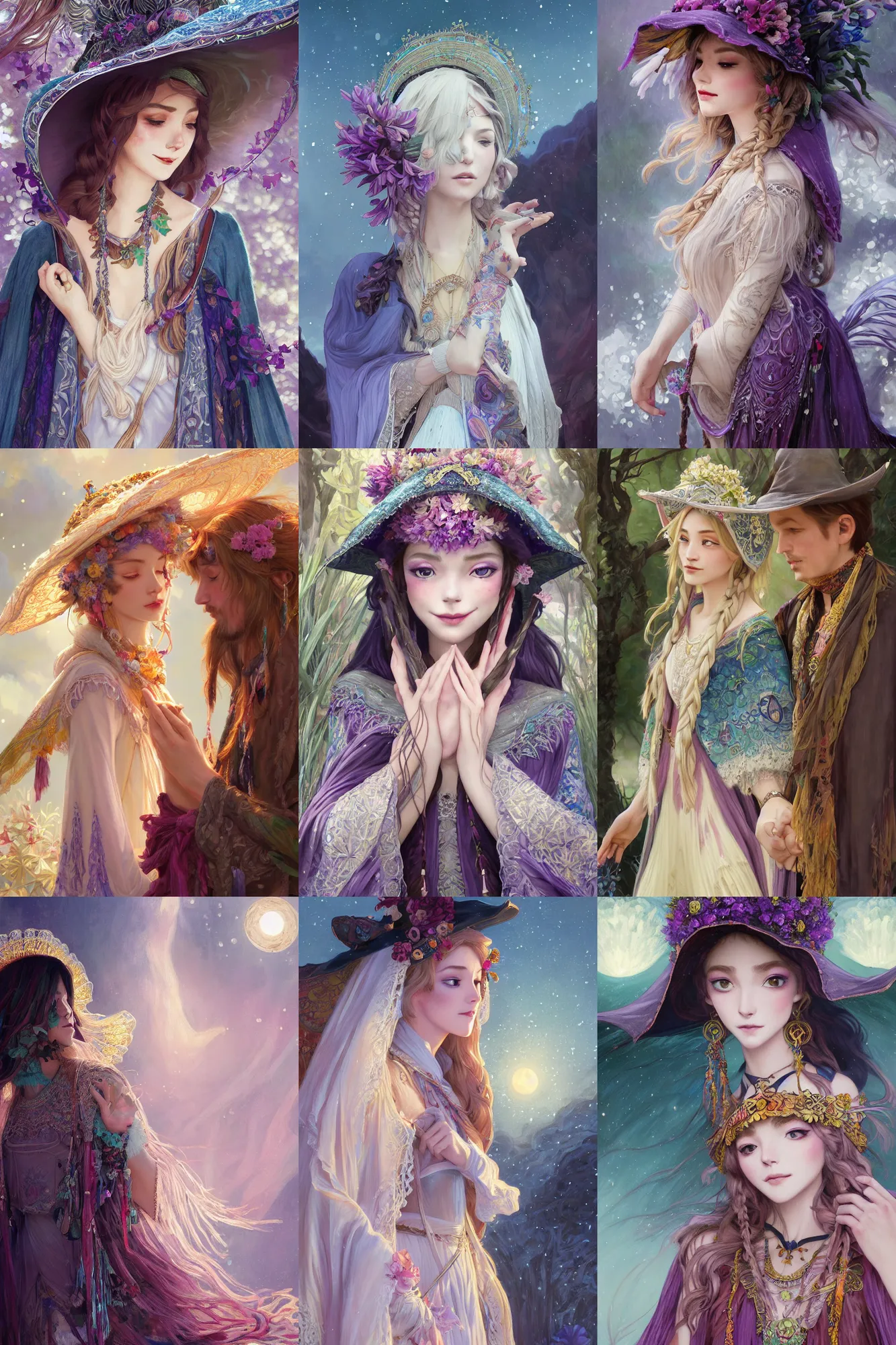 Prompt: a cinematic beautiful closeup moment of moon magician lovers saying goodbye wearing boho poncho and sunhat with hyacinths lightening spells, Frozen II Klaus film, fantasy, intricate, elegant, highly detailed, digital painting, artstation, concept art, smooth, sharp focus, illustration, art masterpiece by art by Krenz Cushart and Artem Demura and alphonse mucha, ArtGerm, Jon Lothian, Danilo Torres, Adi Meyers, Thomas Reimann, Gaston Bussiere