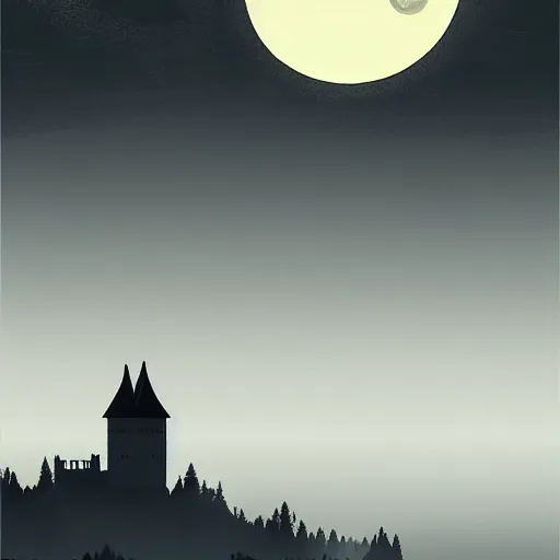 Prompt: highly detailed, silhouette of a castle on misty mountains, beautiful, calm, full moon, digital art