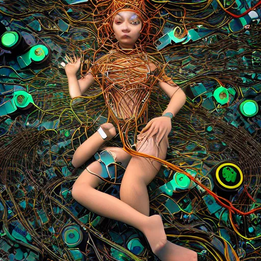 Prompt: swimming deeper into the multiverse, piles of modular synth cables mixed with mangrove roots, kawaii puerto rican goddess chilling out wearing a headpiece made of circuit boards, by cameron gray, wlop, stanley kubrick, masamune, hideki anno, jamie hewlett, unique perspective, trending on artstation, 3 d render, vivid