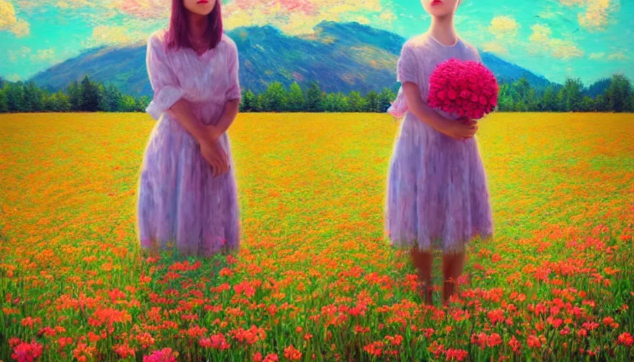 Image similar to girl with a large flower instead of face, surreal photography, dream, standing in flower field, hills, big trees, sunrise dramatic light, impressionist painting, colorful clouds, digital painting, pointillism, artstation, simon stalenhag, flower face