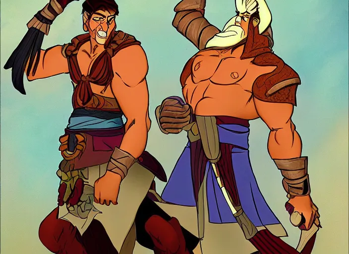 Image similar to official digital painting artwork of a male warrior character by don bluth.