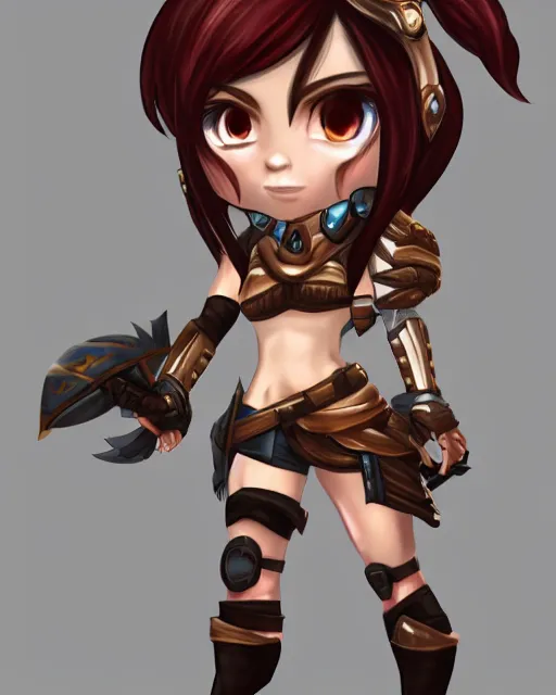 Prompt: female warrior mini cute style, highly detailed, rendered, ray - tracing, cgi animated, 3 d demo reel avatar, style of maple story, maple story gun girl, katelynn from league of legends chibi, perfect eyes, realistic human eyes