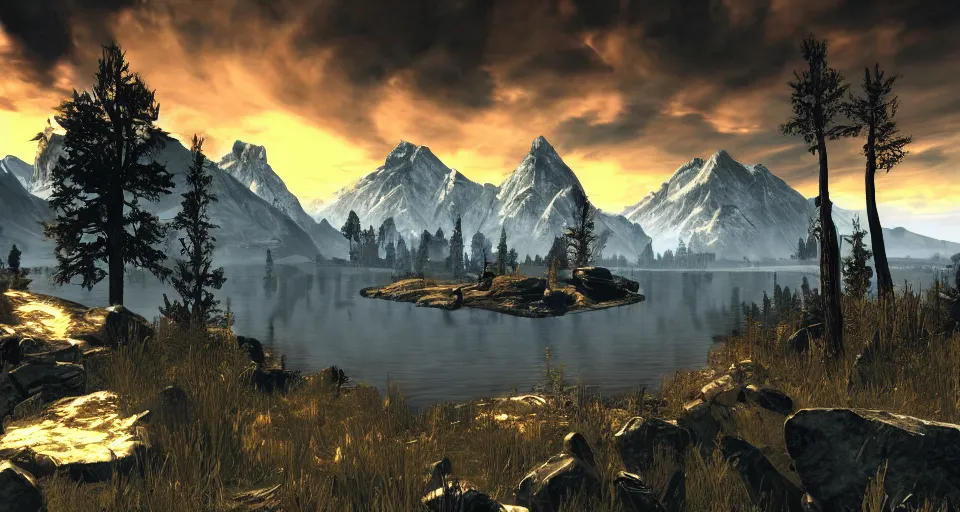Image similar to skyrim landscape in the art style of grand theft auto five cover art digital artwork cell shaded sunset