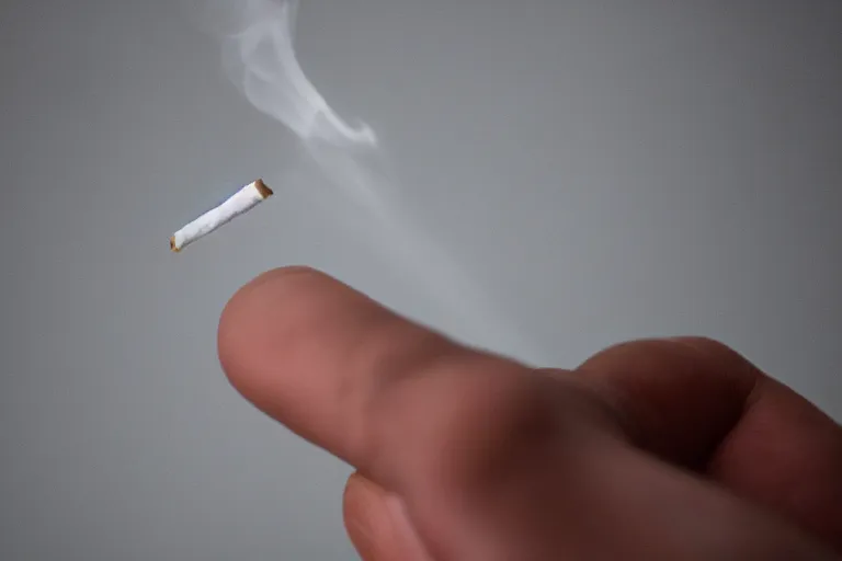 Image similar to Close-up of thin soft hand holding cigarette with smoke, hyper realistic, high details, photo, super resolution