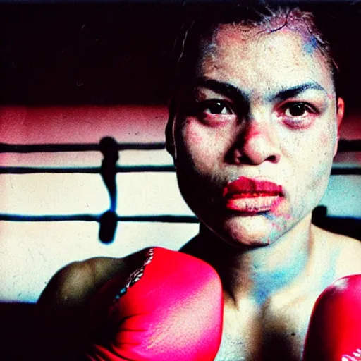 Prompt: close up portrait of woman boxer after boxing with brews blood sweating, photography photojournalism, very grainy image, neon light, 80mm lens, close up portrait polaroid