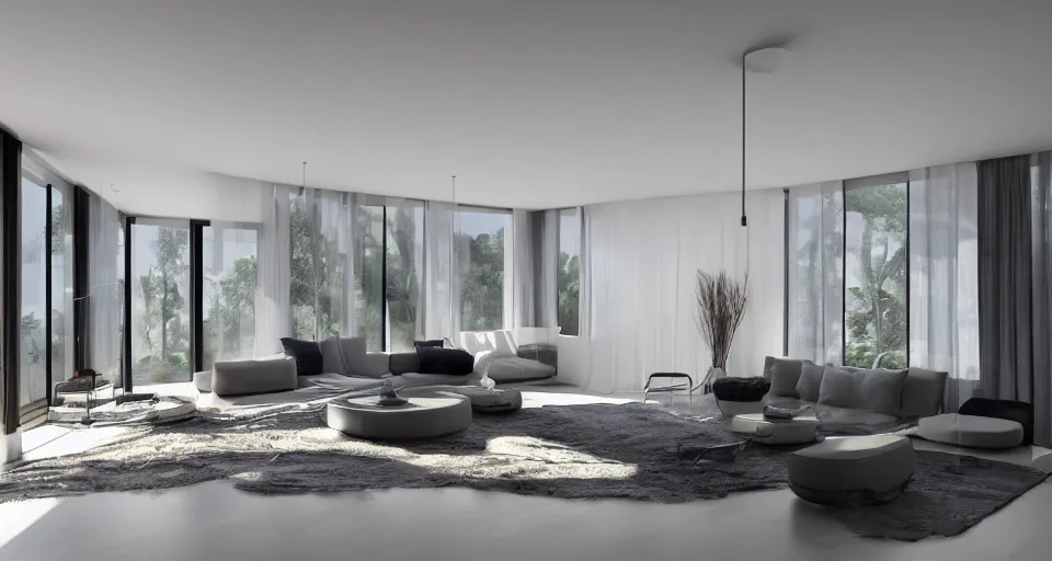 Prompt: interior living room, ceiling to floor windows, plush furnishings, modern, minimalism, morning light, dramatic, unreal render, award winning photograph