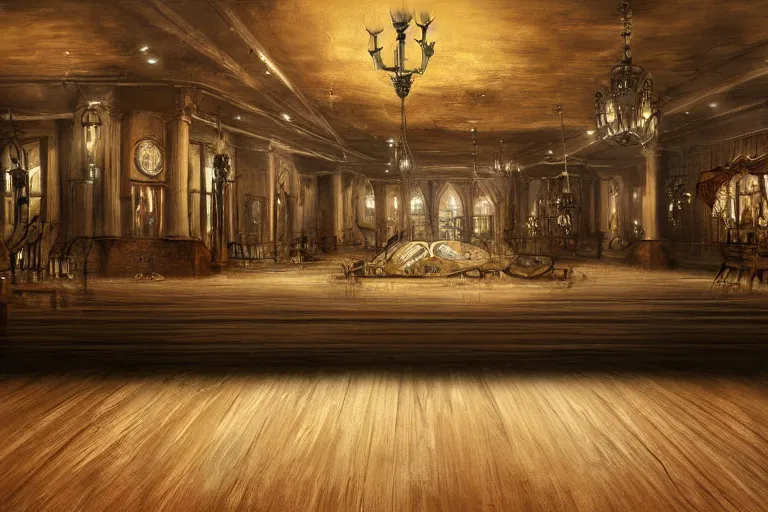 Prompt: steampunk ballroom flooding, wide shot, cinematic, realistic painting