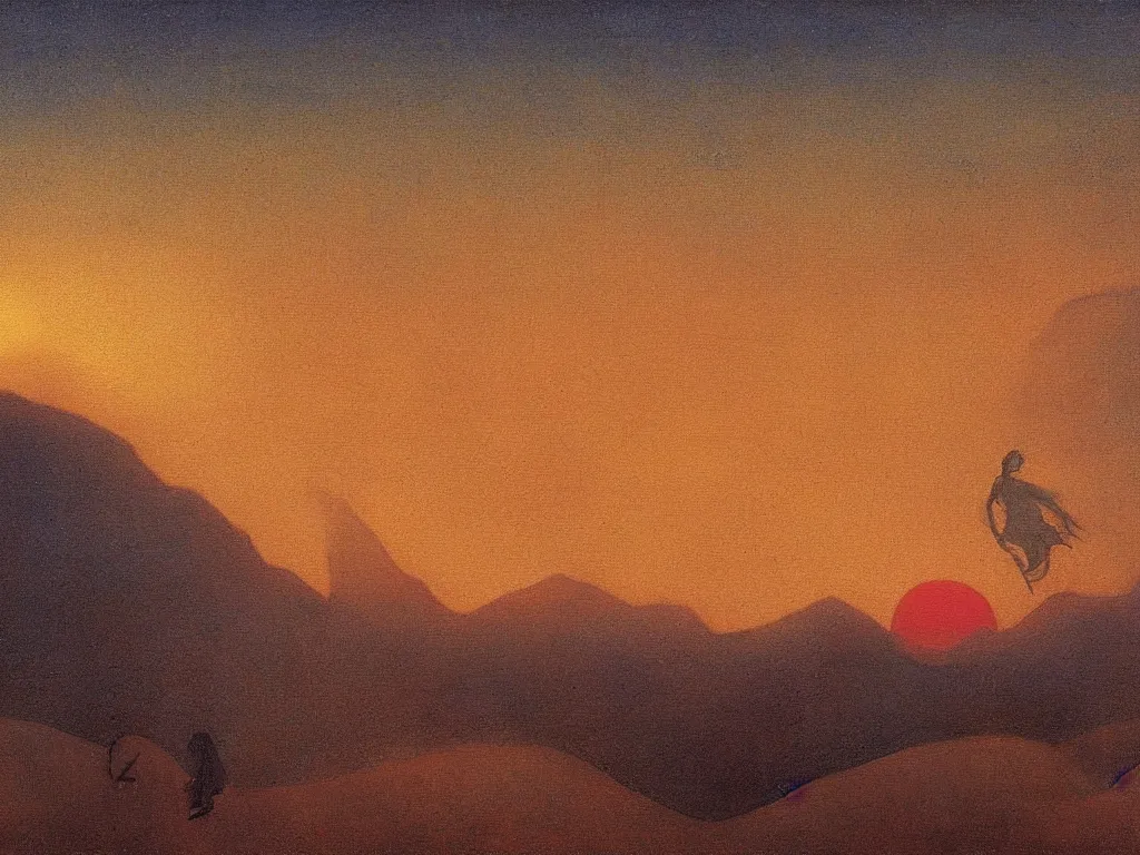 Prompt: painting by mikalojus konstantinas ciurlionis, bosch, agnes pelton. devil jumping from roof to roof. sunset, fog, landscape with mountains