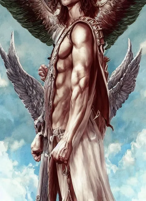 Prompt: Sam Winchester as a strong angel with a big cross pendant and religious tattoos on chest and neck, big Angel wings wide open, stained and bleeding, D&D!, fantasy style, sharp focus!, ultra detailed, art by Artgerm and Peter Andrew Jones, Ayami Kojima