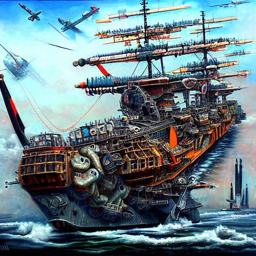 Image similar to giant warship and planes, diesel punk, realistic and detailed painting, by paul roman martinez