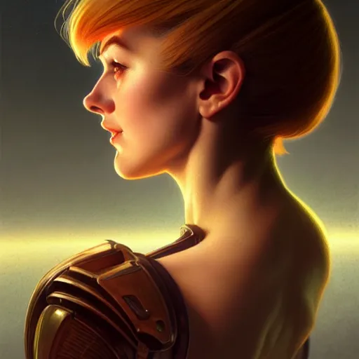 Image similar to head and shoulder portrait of Samus Aran, dark fantasy, medium shot, intricate, elegant, highly detailed, digital painting, volumetric light, artstation, concept art, smooth, sharp focus, illustration, art by Gil Elvgren and Greg Rutkowski and Alphonse Mucha