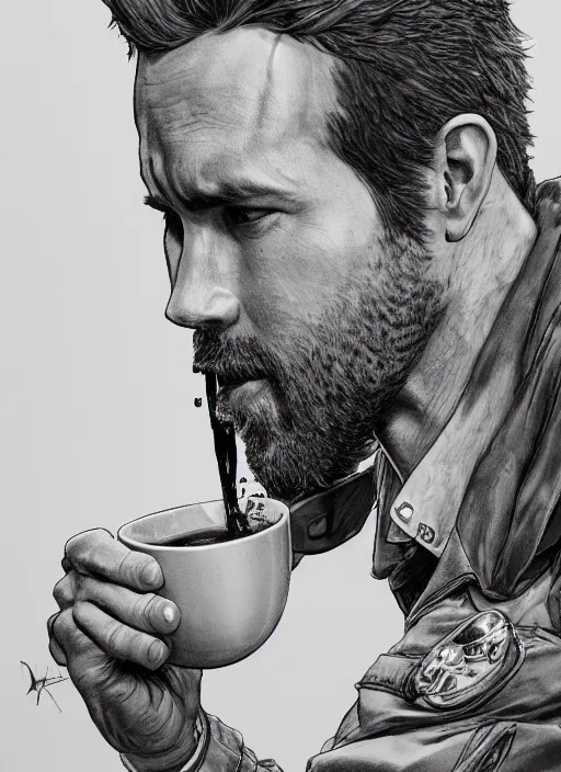 Prompt: close up portrait of ryan reynolds drinking coffee upside down, powerful, domineering, stoic, masterful, intense, ultrafine hyperdetailed illustration by kim jung gi, irakli nadar, intricate linework, sharp focus, octopath traveler, yoji shinkawa, highly rendered, detailed, concept art