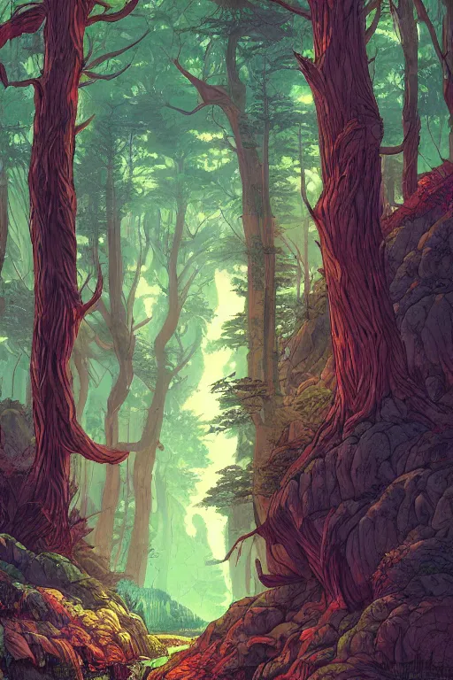 Image similar to concept art painting of a forest in a cave, artgerm, moebius, inio asano, toon shading, cel shading, calm, tranquil, vaporwave colors,