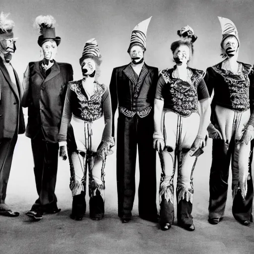 Image similar to photograph of a criminal lineup of circus clowns