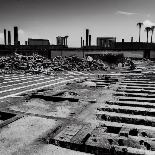 Image similar to a limbo world consisting of concrete uncanny brutalism and labyrinths of rubble and drainage grates, white sky, sand patches