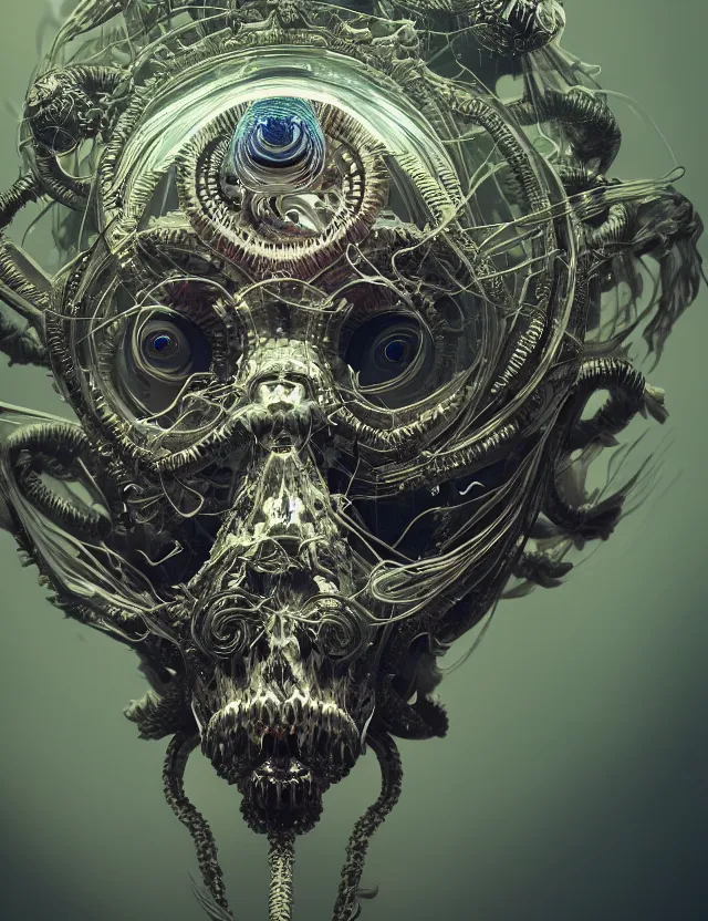 Image similar to eye of god macro close - up portrait with mask made of ram skull. betta fish, jellyfish phoenix, plasma, water, wind, creature, super intricate ornaments artwork by tooth wu and wlop and beeple and greg rutkowski