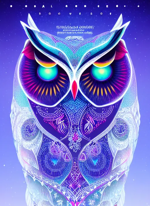 Image similar to symmetry!! product render poster vivid colors divine proportion owl, ice and snow, glowing fog intricate, elegant, highly detailed, digital painting, artstation, concept art, smooth, sharp focus, illustration,