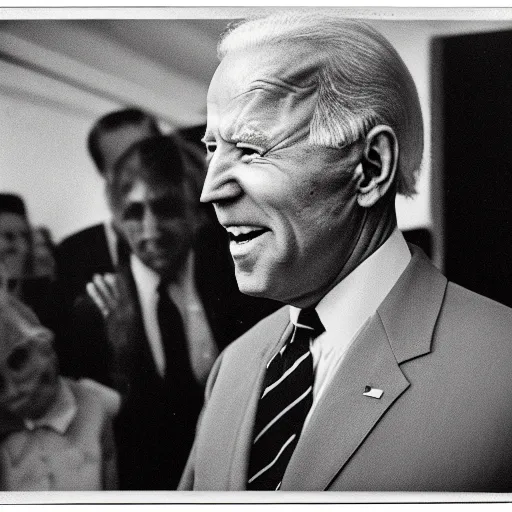 Image similar to photo of Joe Biden by Diane Arbus, black and white, high contrast, Rolleiflex, 55mm f/4 lens