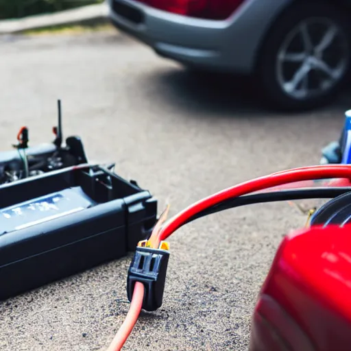 Prompt: a photo of a car battery with a red jumper cable connected to positive pole of the battery