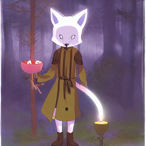 Image similar to a fantasy fox humanoid anime character carrying a candle in his hands, the forest, by studio ghibli and japanese style