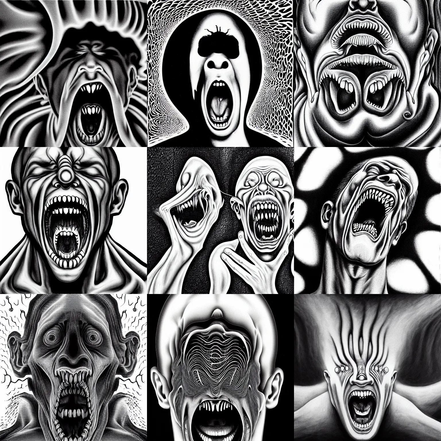 Prompt: black and white outline painting of man screaming with fear, another man coming out of his mouth, recursive, fractal, creepy, Giger, Escher, Mandelbrot, perfect face, realistic, hyper detailed