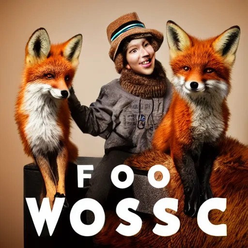 Image similar to photorealistic music album cover, with foxes animals wearing clothes, all looking at camera, studio lighting, award winning photograph, 8 5 mm f / 1. 4