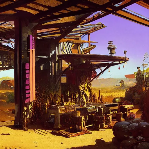 Prompt: painting of syd mead artlilery scifi organic shaped small shop with ornate metal work lands on an african farm, african ornaments, brutalist architecturevolumetric lights, purple sun, andreas achenbach