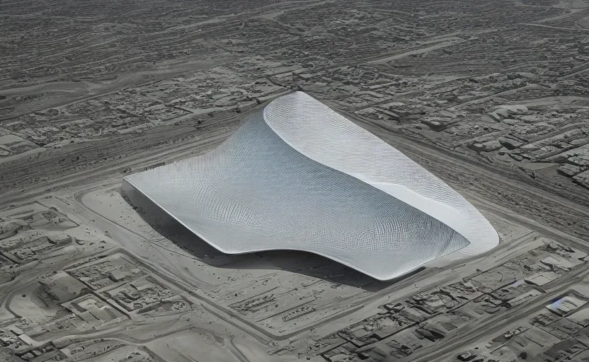 Prompt: parametric structure, medical complex, in the desert beside the gulf, view from above, design by kengo kuma, dezeen, architectural photography