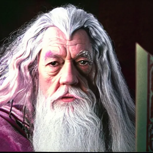 Prompt: portrait of gandalf, wearing a large pink velvet hair bow, holding a blank playing card up to the camera, movie still from the lord of the rings