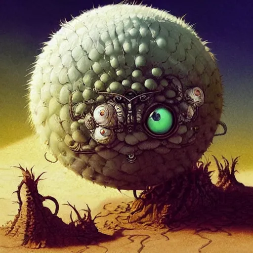 Image similar to ball creature covered with eyes, in the desert next to a cactus, d & d, fantasy, greg rutkowski, frank frazetta, alexandre chaudret, boris vallejo, michael whelan, miro petrov, hr giger, magali villeneuve, donato giancola