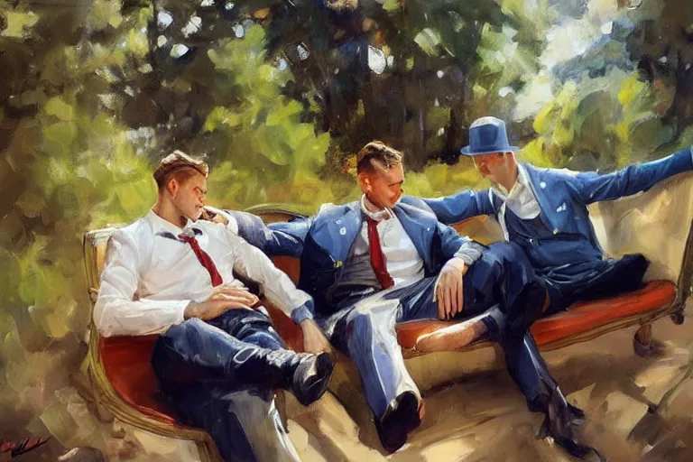 Image similar to 2 attractive men sitting on a coach in forest, painting by vladimir volegov, j. c. leyendecker, tom of finland, trending on artstation