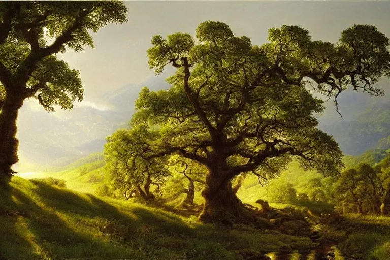 Image similar to masterpiece painting of oak trees on a hillside overlooking a creek, dramatic lighting, by james gurney