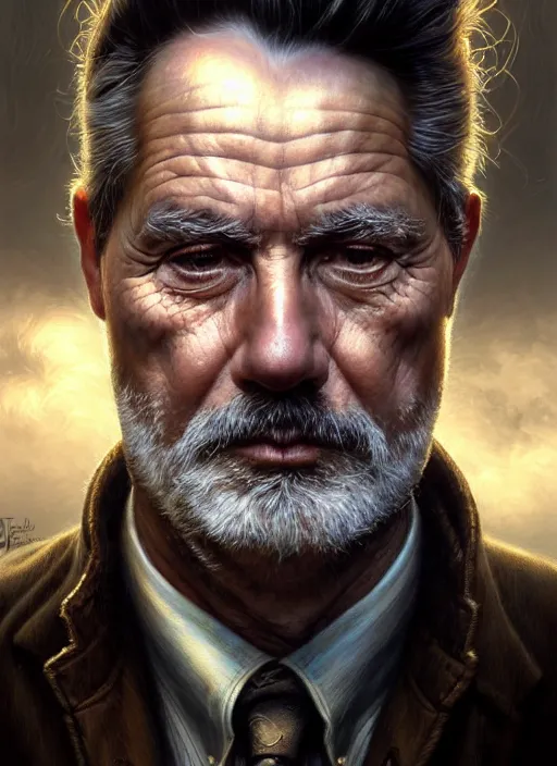 Image similar to closeup portrait shot of an aging detective in a scenic cyberpunk mystery environment, intricate, elegant, highly detailed, centered, digital painting, artstation, concept art, smooth, sharp focus, illustration, artgerm, tomasz alen kopera, peter mohrbacher, donato giancola, joseph christian leyendecker, wlop, boris vallejo