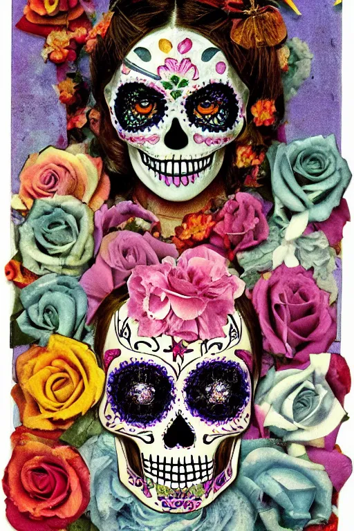 Prompt: Illustration of a sugar skull day of the dead girl, art by joseph cornell