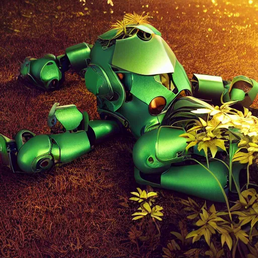 Image similar to beautiful overgrown foliage taking over an ( beautiful abandoned human - shaped robot body laying on the ground ), close - up, 3 5 mm, biopunk, bokeh, beautiful, lens flare, emotional, sweet, flowers, detailed, picture, trending on artstation, award - winning, shiny, golden, angle view, octane render