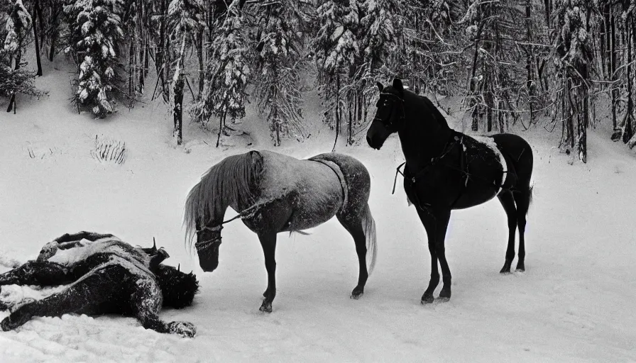 Image similar to 1 9 6 0 s movie still close up of marcus aurelius frozen to death with his horse under the snow by the side of a river with gravel, pine forests, cinestill 8 0 0 t 3 5 mm b & w, high quality, heavy grain, high detail, texture, dramatic light, anamorphic, hyperrealistic, detailed hair, foggy